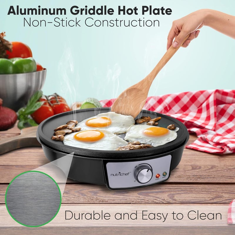 NutriChef Electric Crepe Maker Pan & Griddle, 12 Inch Nonstick Cooktop, LED Indicators & Adjustable Temperature Control, Includes Spatula, Batter Spreader, Cooks Crepes, Roti & Pancakes - Image 4